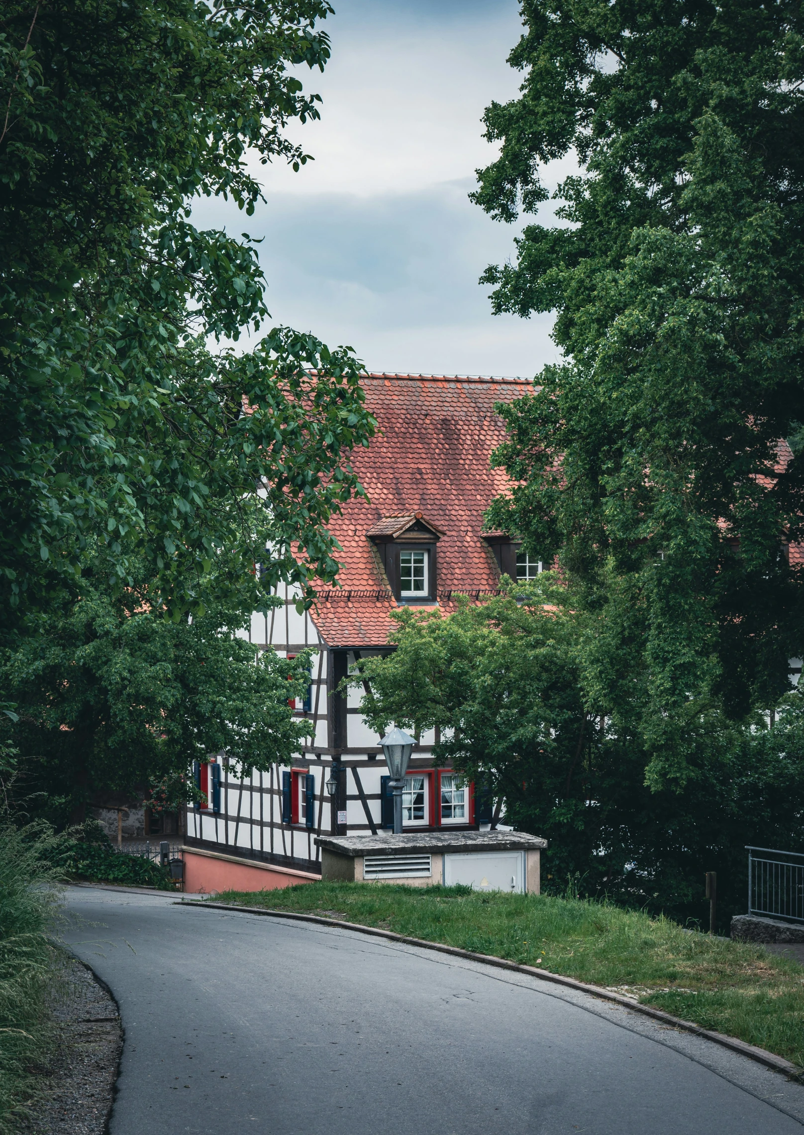 a road lined with trees near an old building