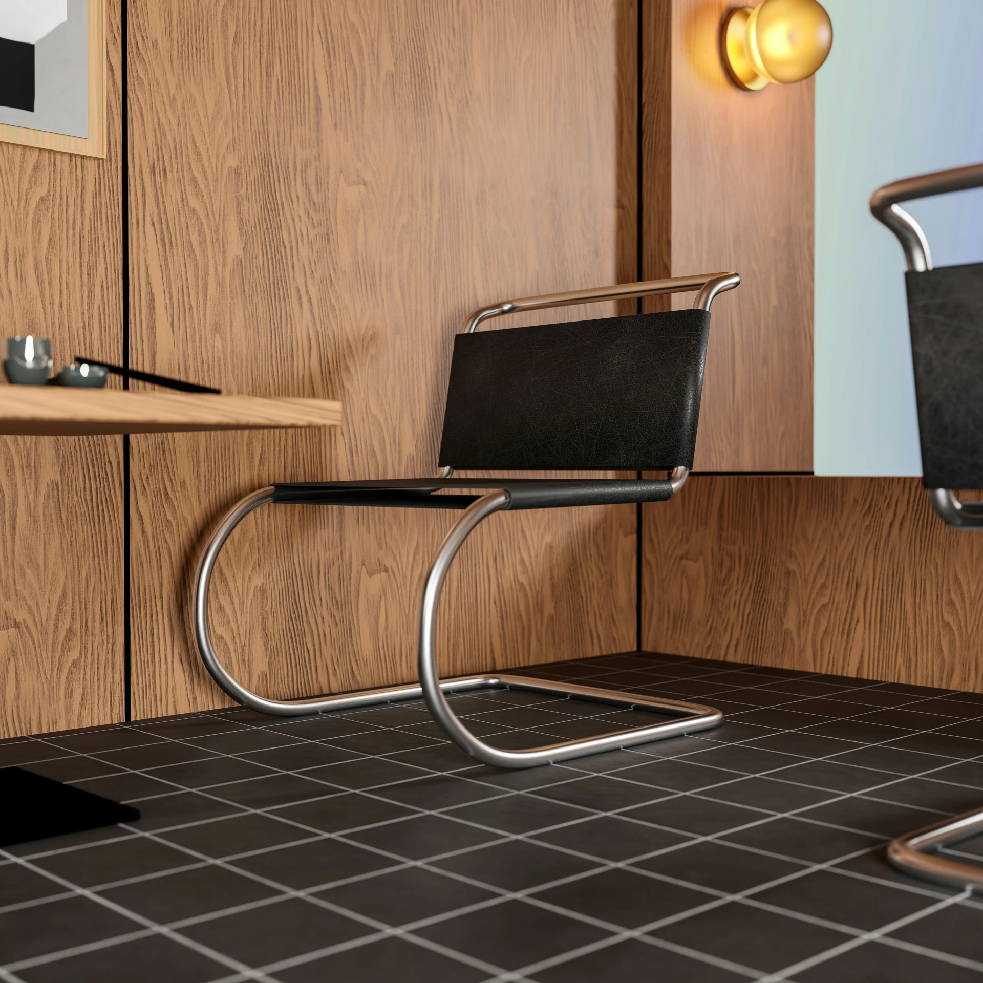 a chair sitting on a tiled floor next to a desk