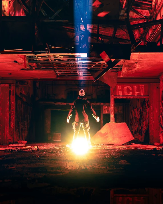 a person standing by a glowing fire in a dirty building