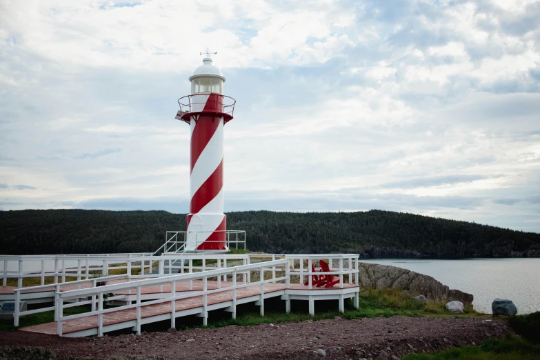 a small white and red light house sits near the water