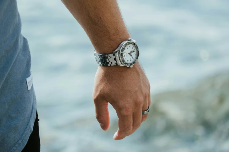 a man's hand holding a watch with a ocean in the background