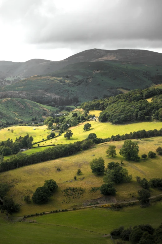 a green valley surrounded by rolling hills on a cloudy day