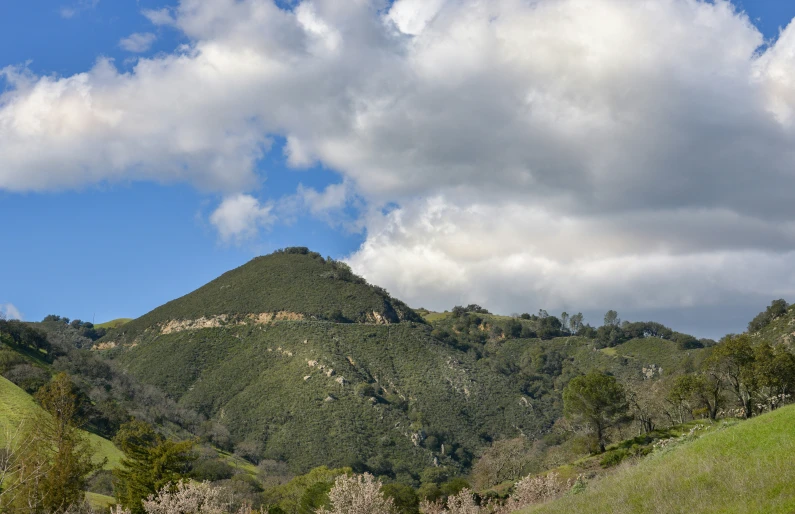 a mountain range with clouds and green grass