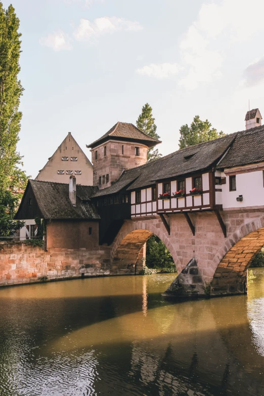 a stone bridge with three story houses and a tower