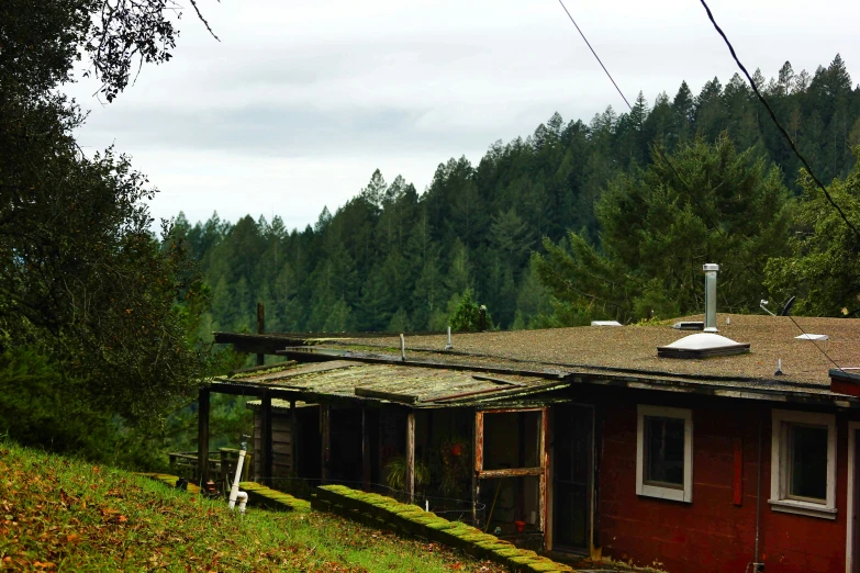 a rustic building stands on the side of a wooded mountain