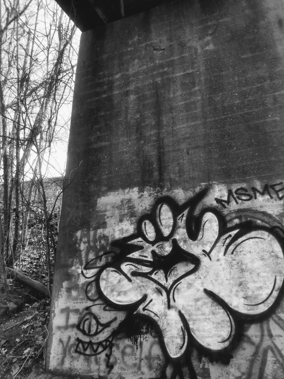 graffiti on a concrete wall in front of a forest