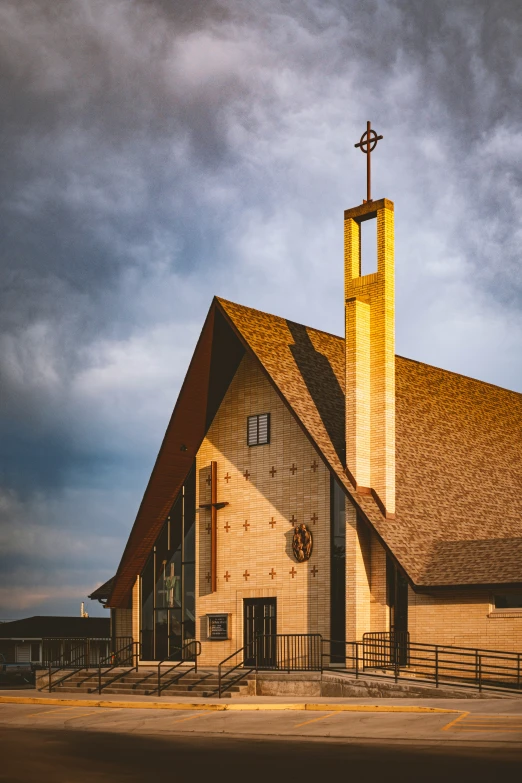 a church building sitting on the side of a road