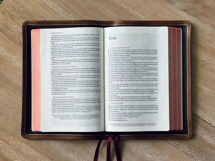 the book is open on a wooden surface