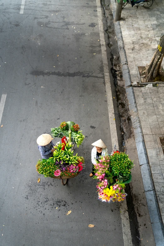 a man hing two carts with flowers on the street