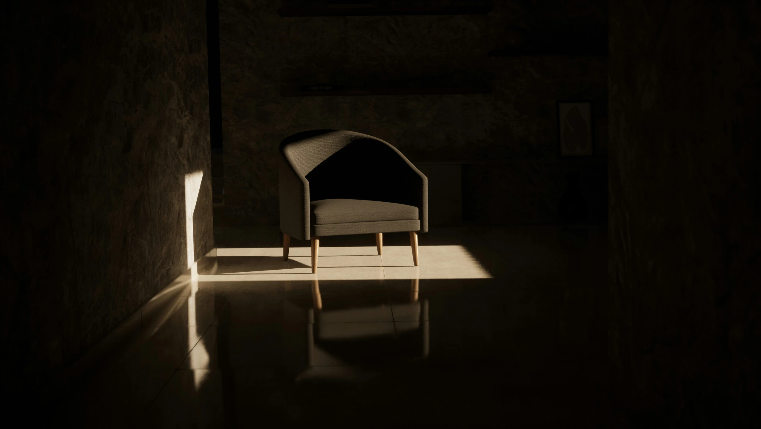 an old chair is on a dark room floor