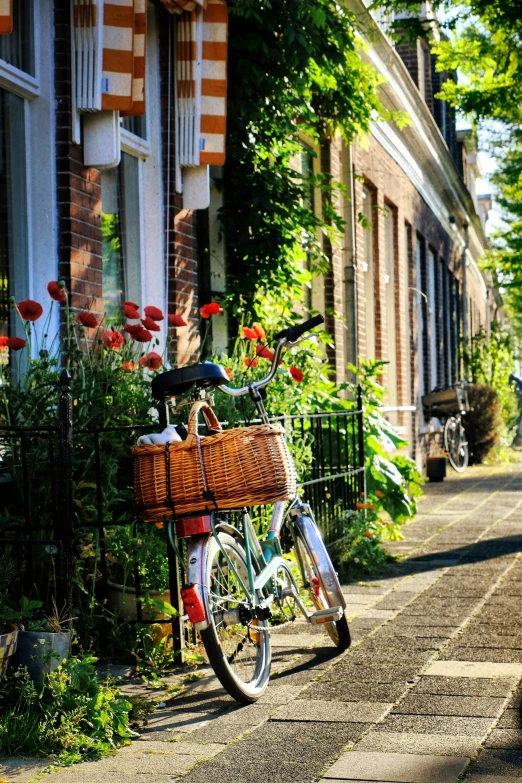 a blue and white bicycle with a basket