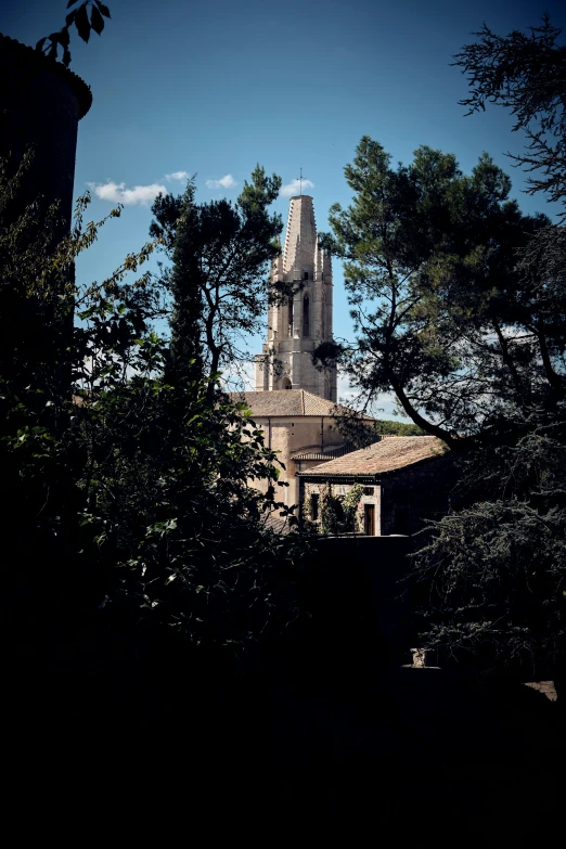 a tower with trees and a building in the background