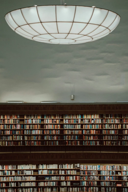 the ceiling light is above a large book case