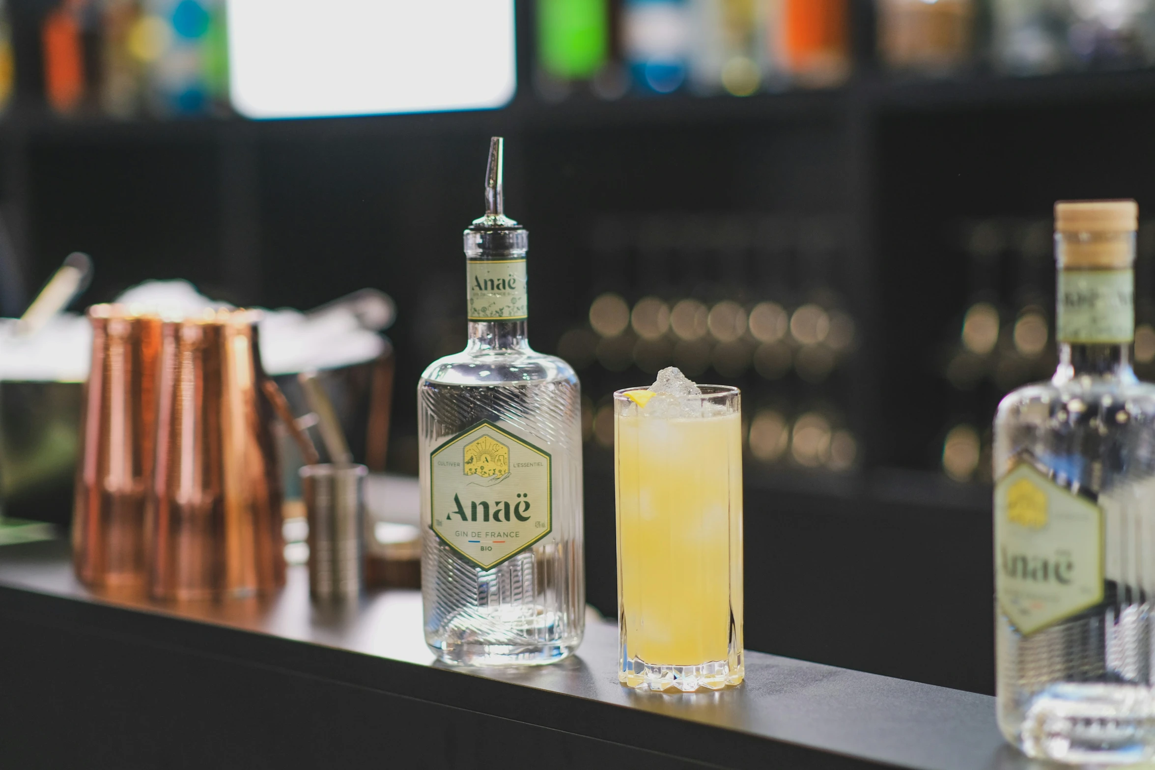 two gin - style bottles, a glass and another alcoholic drink on a bar