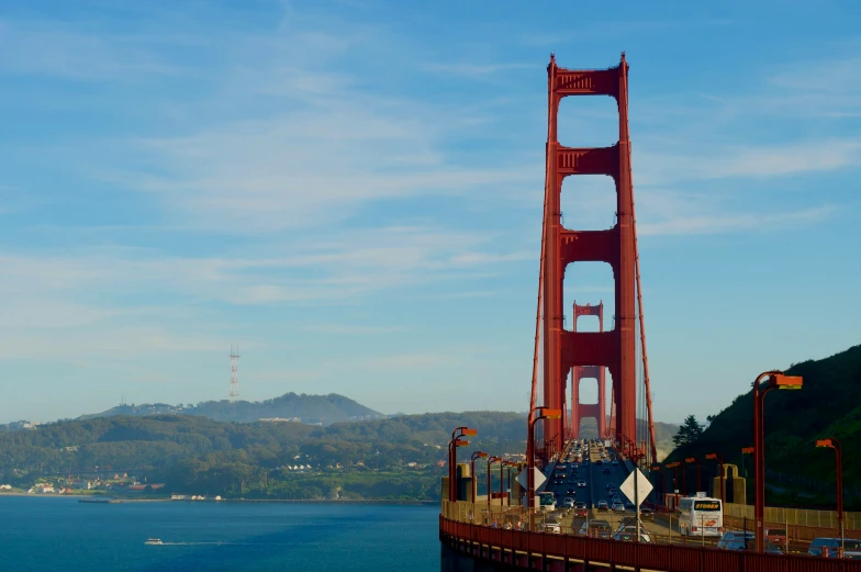 the golden gate bridge with mountains in the background