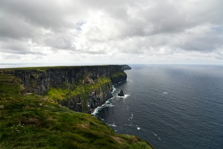 a cliff has an ocean and grass landscape