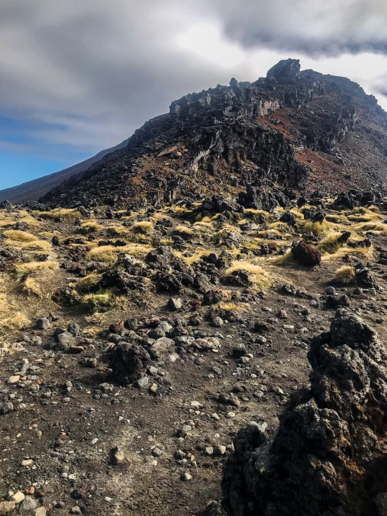 a very large tall rock formation on a big field