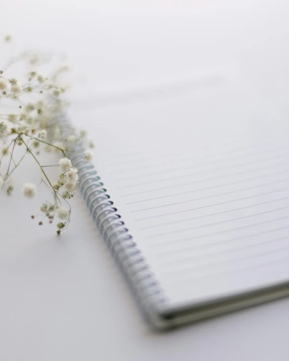 a notebook is placed near some tiny flowers