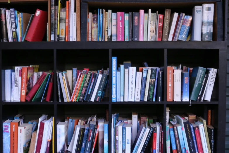 a book shelf filled with lots of books and covers