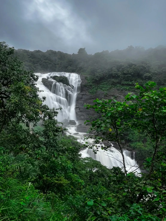 a waterfall is shown with lush green trees