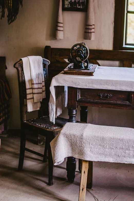 two chairs with towels on them sit at a table