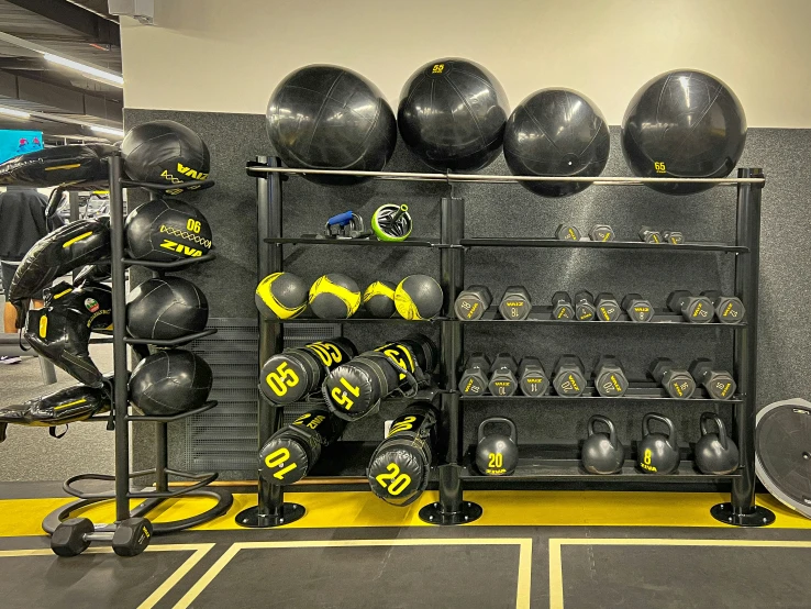 a large number of exercise balls and dumbbells in a gym