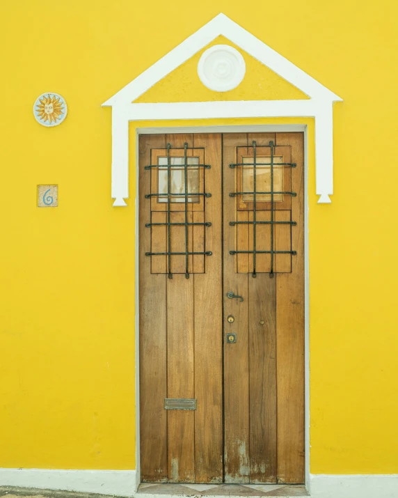 a wooden door with two bars and a window on each side of the door