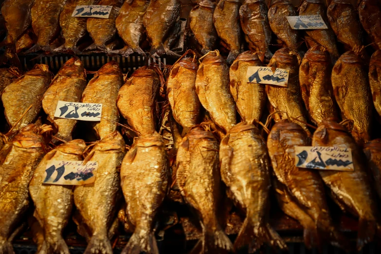 an open air food stand with dried fish on display