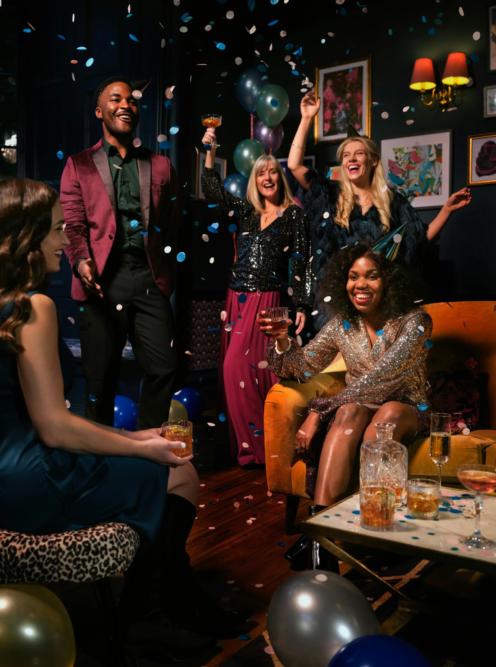 a group of people all wearing black dresses at a party