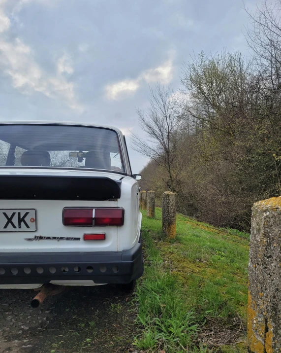 a white car sitting in the grass near trees