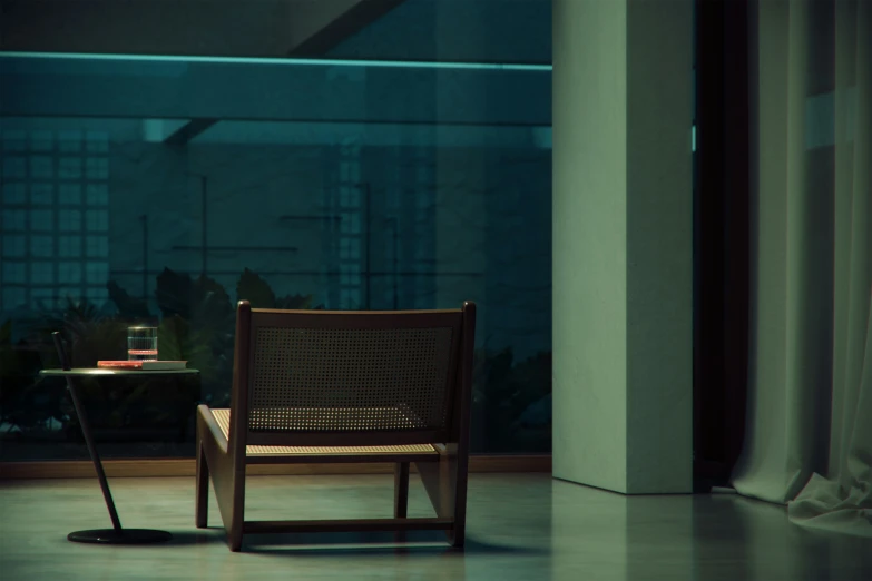 a chair sitting near a glass wall with a laptop