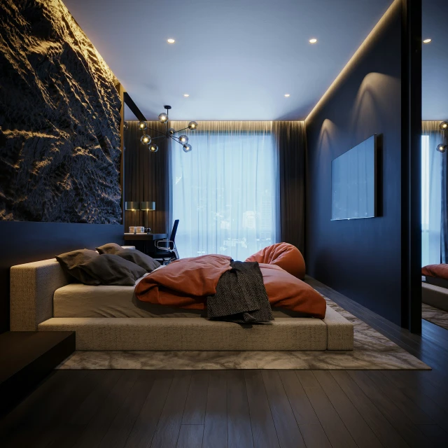 a room with an odd bed and wooden flooring