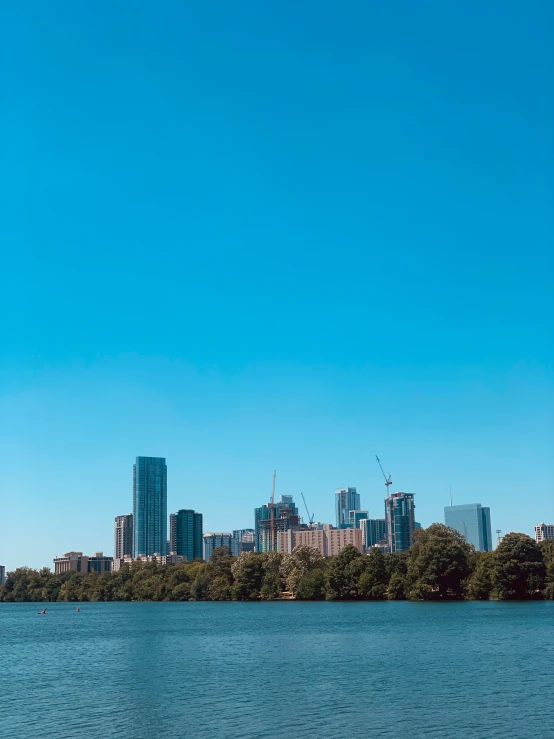 a view of the city from a lake