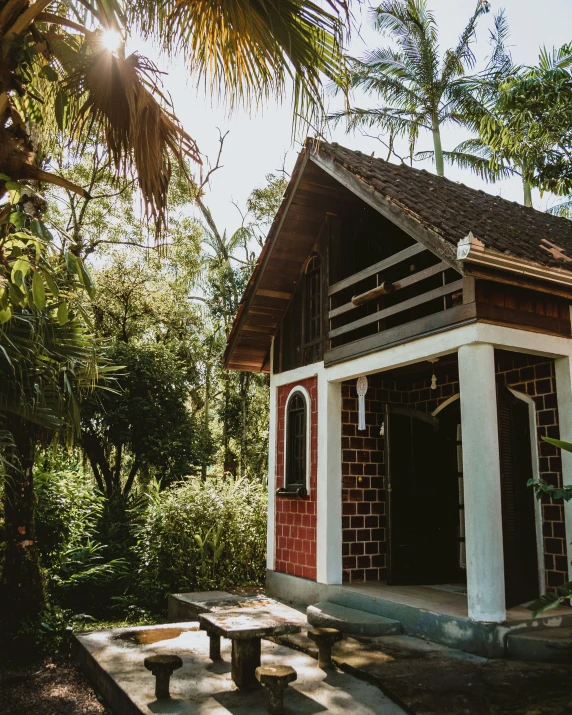 a small house surrounded by a grove of trees