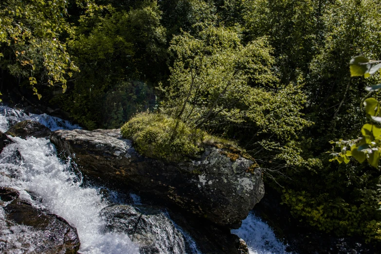 an aerial view of a waterfall running through a forest