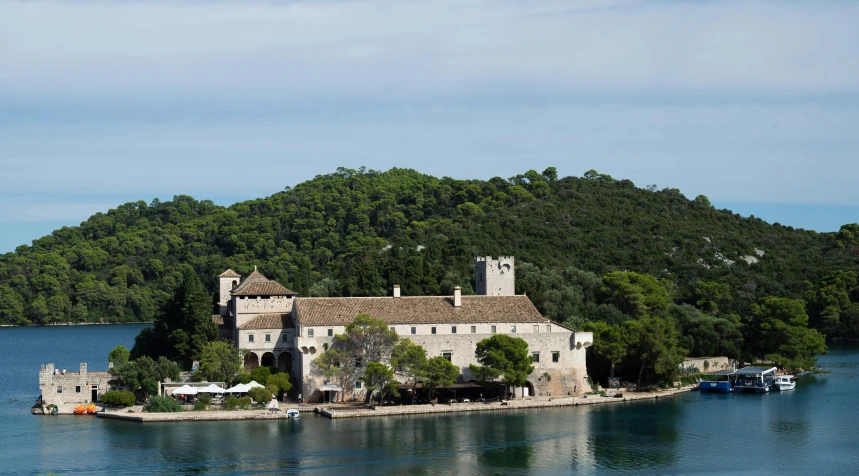 an island is surrounded by a bunch of trees