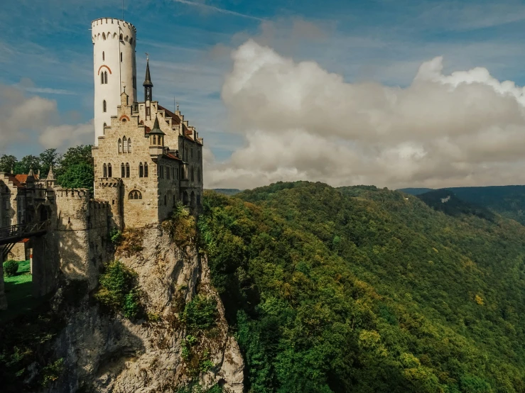 a tall castle on a hill surrounded by greenery