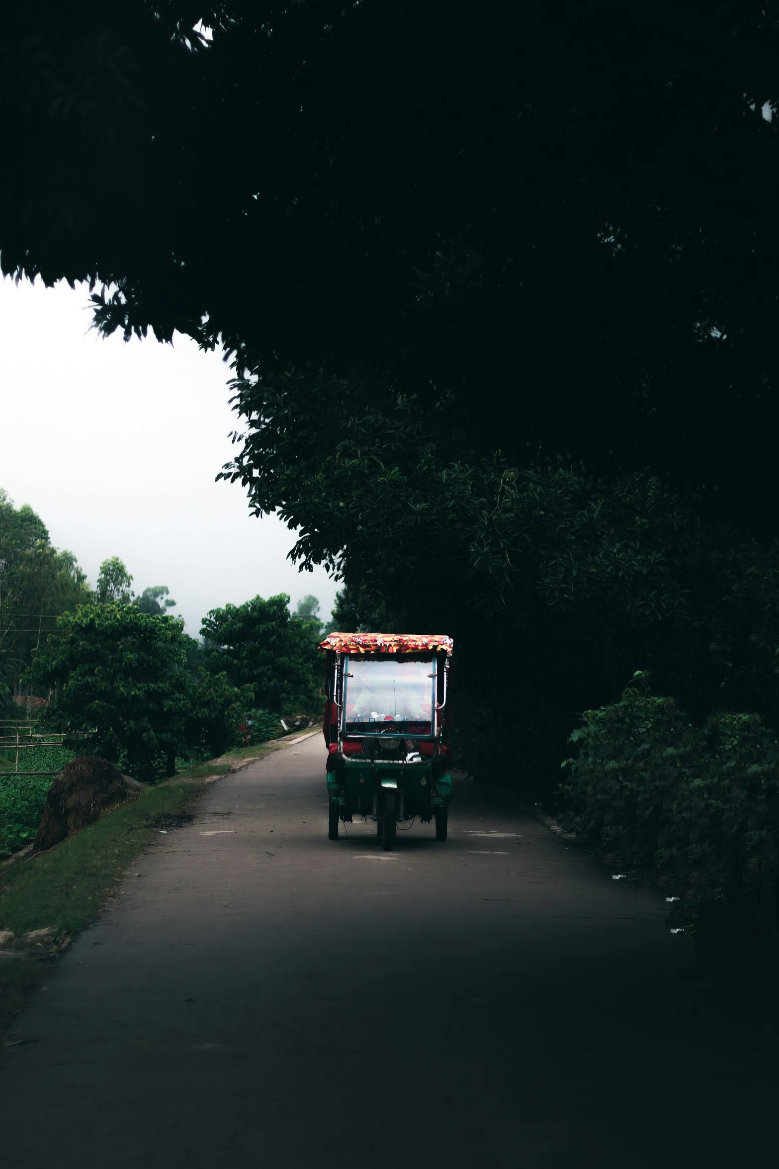 a truck is driving down a rural road