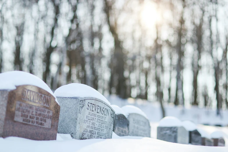 some cement headstones covered in snow with trees in the background