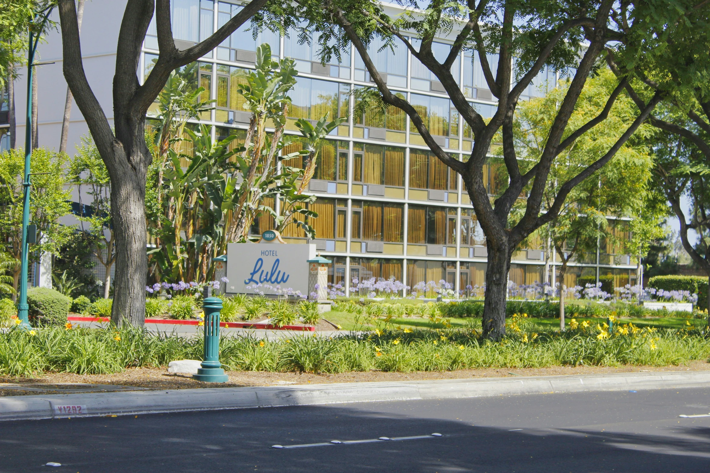 a building with tall trees on each side