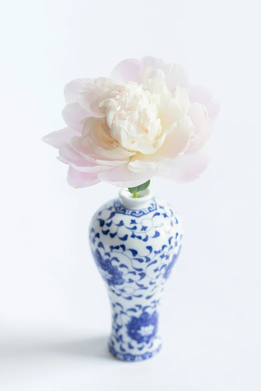 a blue vase with a white and pink flower on it