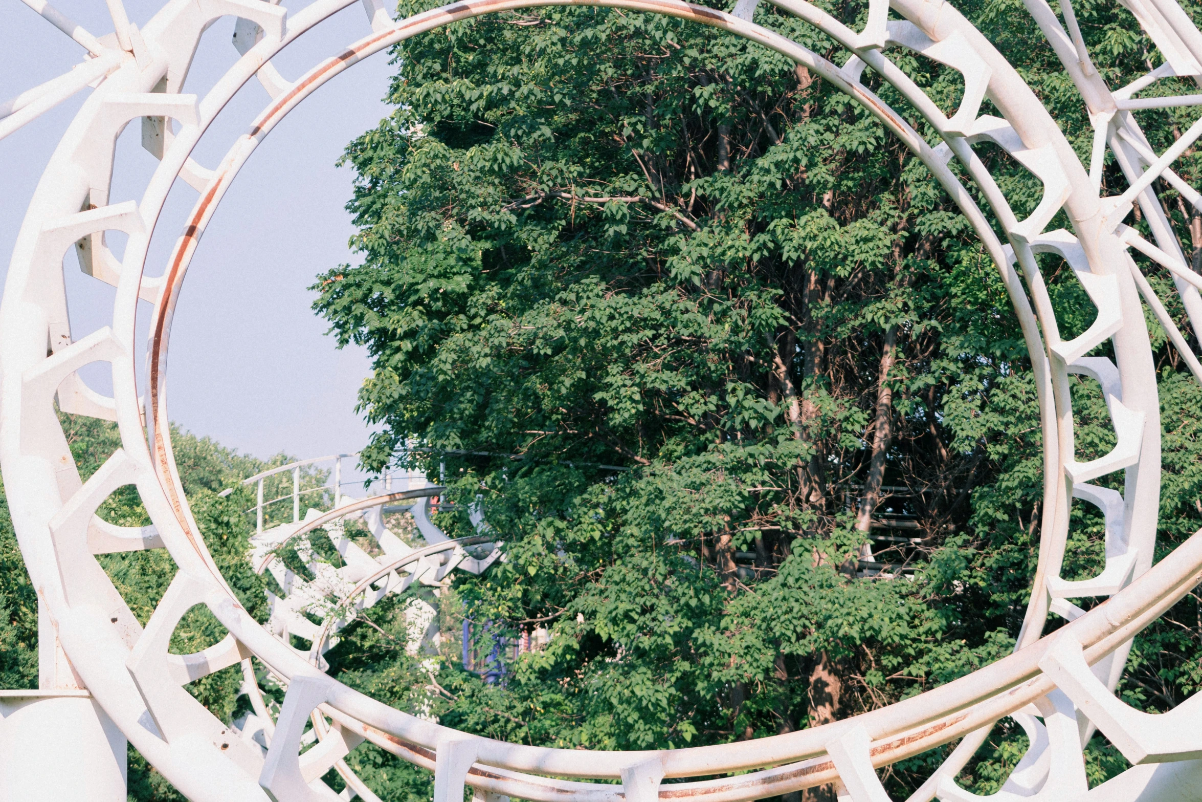 a large sculpture of a spiral stair flight in the middle of a forest