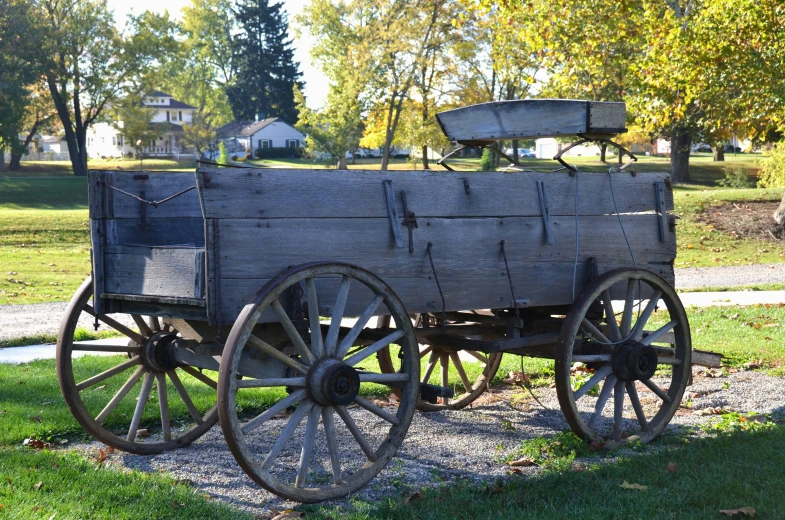 an old horse - drawn carriage in a grassy yard