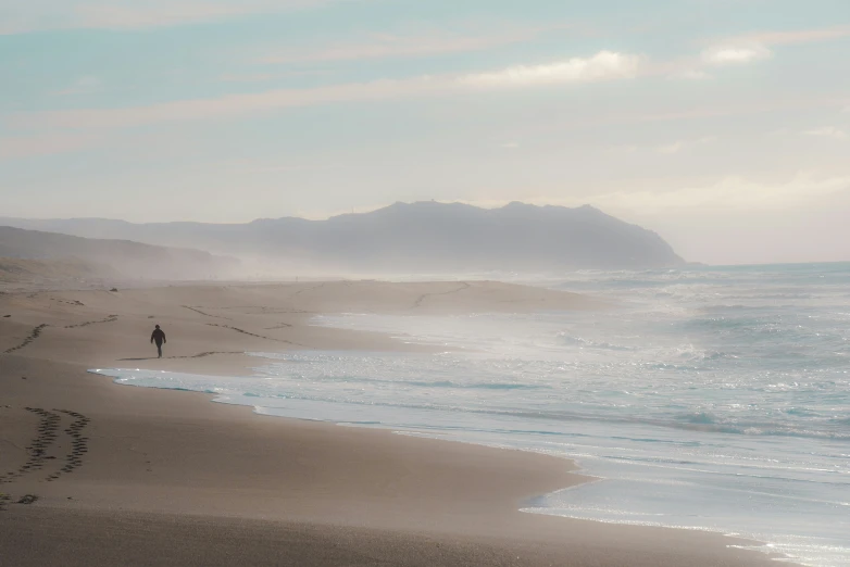 the ocean is quiet and serene with waves hitting shore