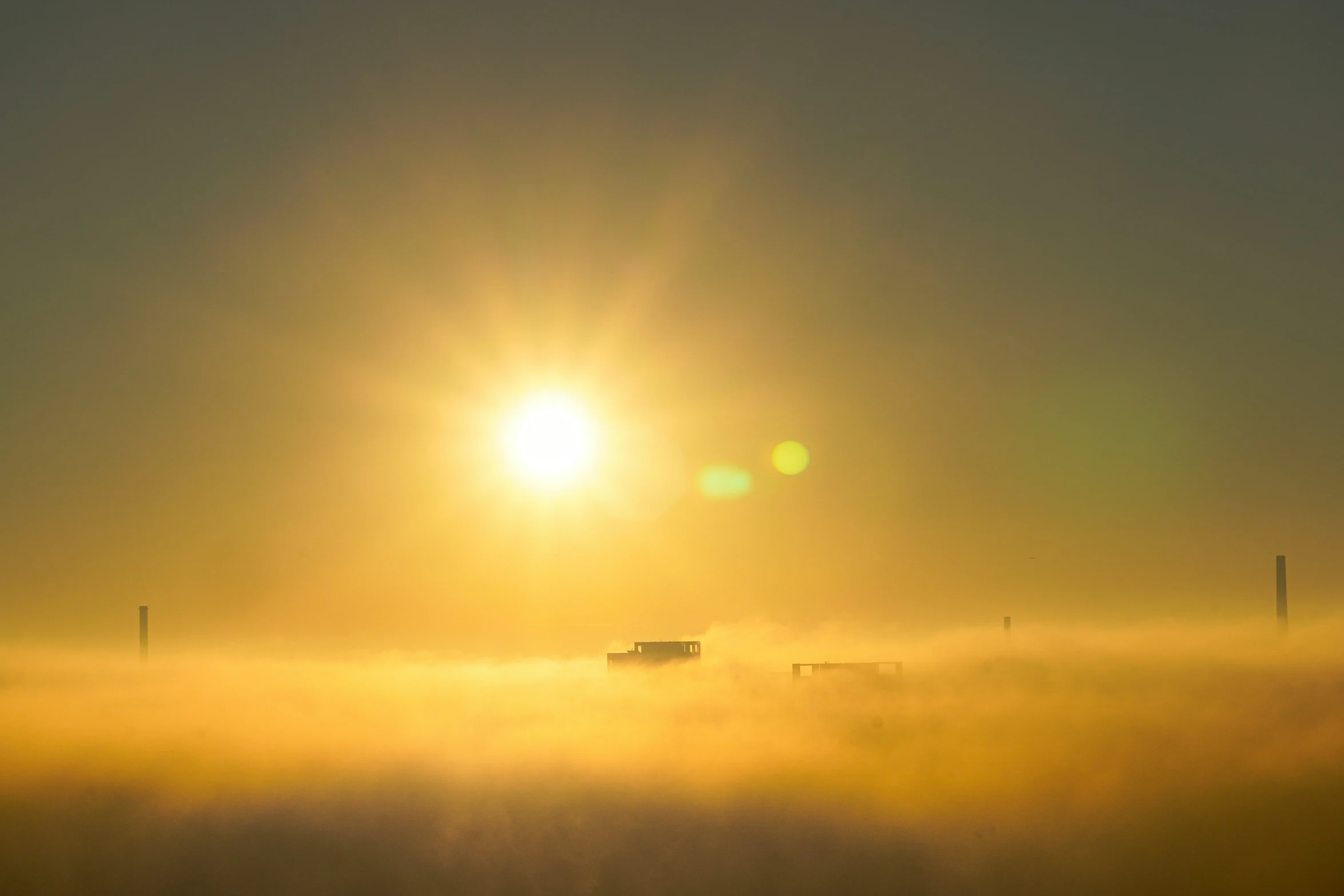 an image of foggy rural setting with sun rays