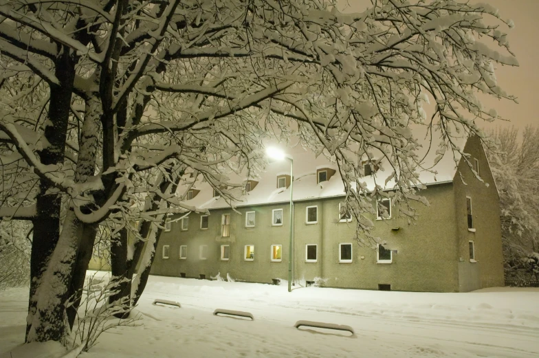a snowy landscape showing an illuminated building surrounded by trees