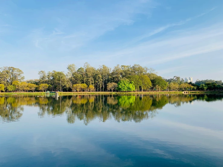 an idyllic park on a lake with lots of trees surrounding it