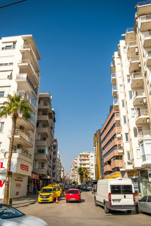 vehicles parked near tall buildings and palm trees