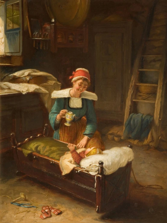 a painting of a woman sewing on a bed