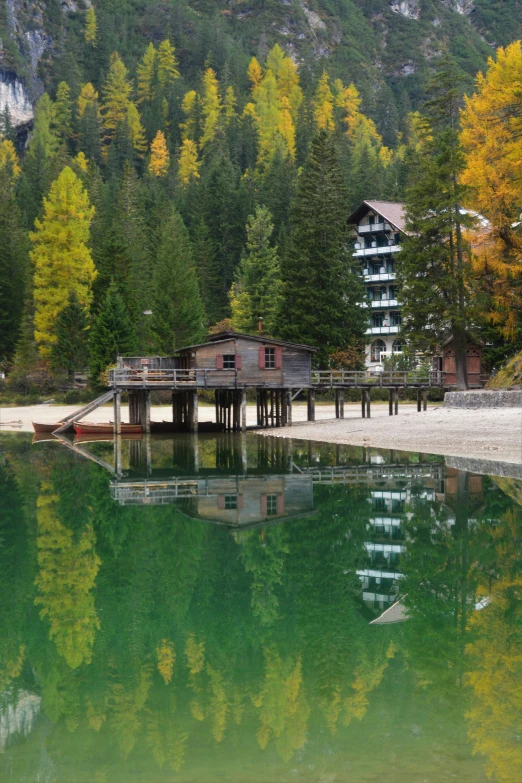 a small dock is next to a very clear lake